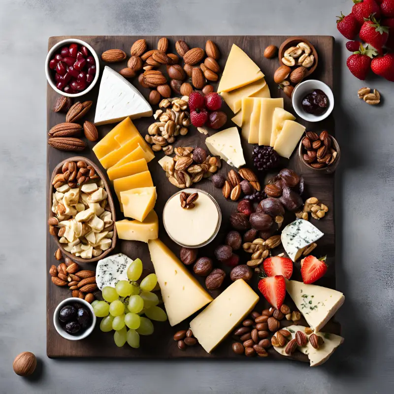 Valentine’s Day Cheeseboard filled with cheeses, fruits, nuts, and chocolates for a romantic snack.