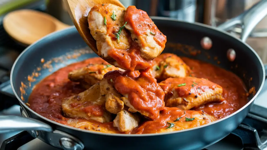 Add cooked chicken to the pan