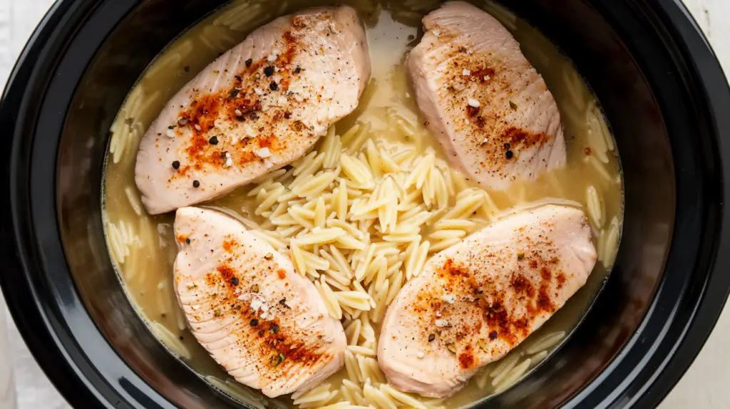 Add orzo pasta and chicken broth