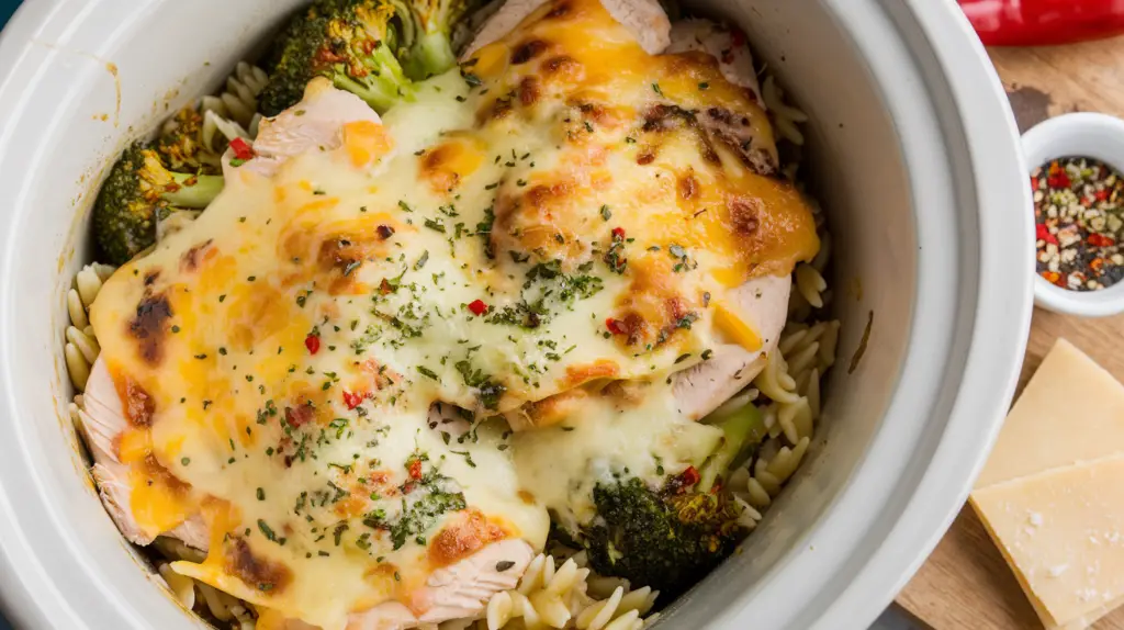 Cheesy Crockpot Chicken Broccoli Orzo Dish