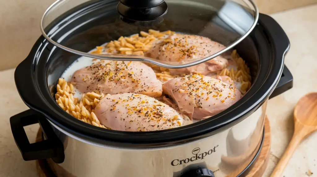 Cover the crockpot chicken orzo dish