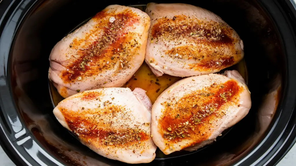 Season the chicken breasts and place them in the crockpot