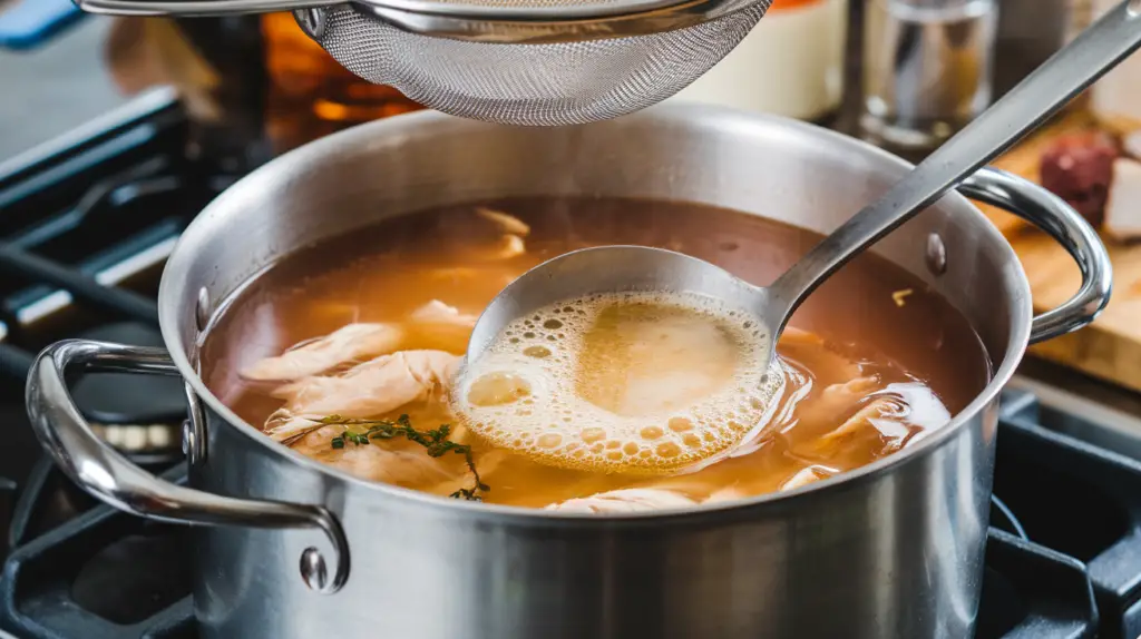 Skim the foam off from the chicken broth