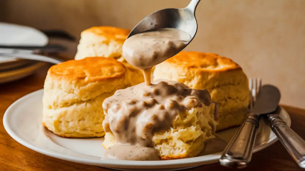 Pouring sausage gravy over biscuits