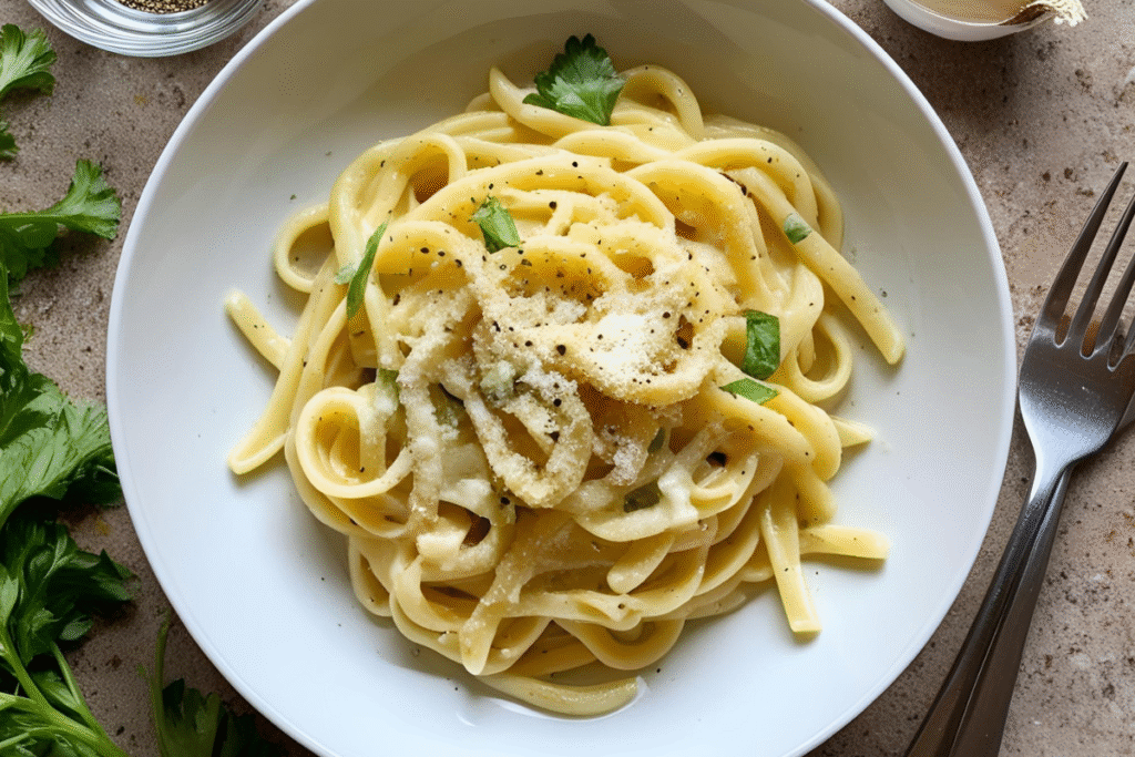 Creamy Garlic Egg Noodles with Parmesan and black pepper